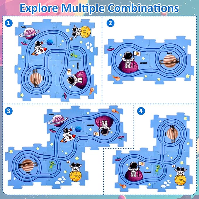 25PCS Puzzle Racer Kids Car Track Set, Puzzle Track Car Play Set, Rail Car Puzzle Track Space Themed Series, Kids Race Track Set, Educational Car Puzzle Toys Gifts for Kids