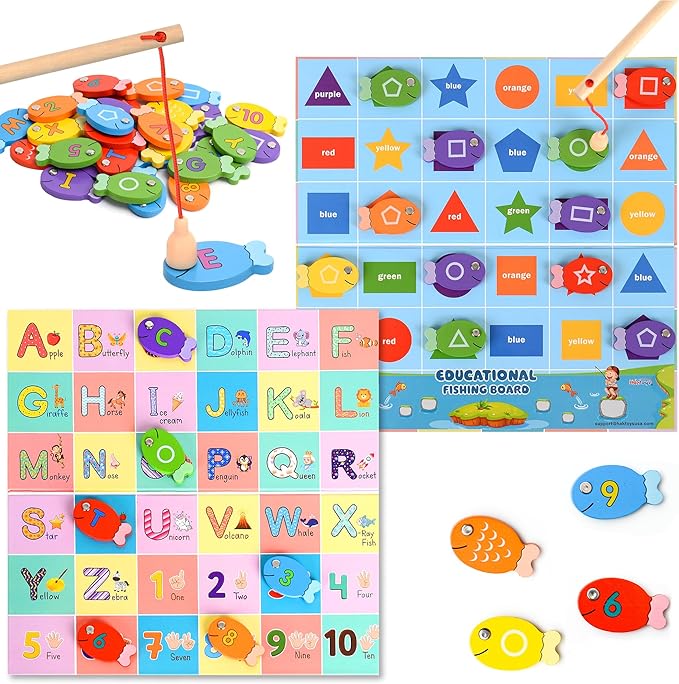 Magnetic Wooden Fishing Game – Interactive ABC Alphabet, Numbers, Shapes & Colors 4-in-1 Learning Board | Montessori Educational Toy for Kids | Complete Set with 36 Fish, 2 Wooden Poles & Board