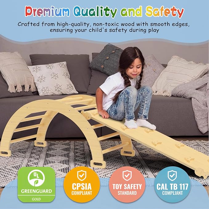 Large Pikler Triangle Set, 5 in 1 Foldable Baby Climbing Gym Indoor Montessori Climbing Set Wooden Toddler Climbing Toys with Arch, Ramp, Ladder
