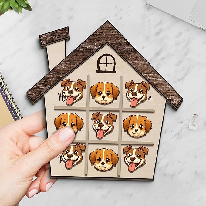 Personalized Dog XO Board Game, Personalized Cute Dog Wooden Noughts and Crosses Game, Pet Table Decor Road Trip Travel Game for Family (Dog 1)