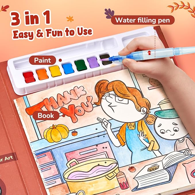 JoyCat Paint with Water Coloring Books, Art & Craft Activity, Princess No Mess Art for Kids Ages 4-8, Craft Kits & Supplies, DIY Creative Activity, Presents for Girls & Boys (Thanksgiving)