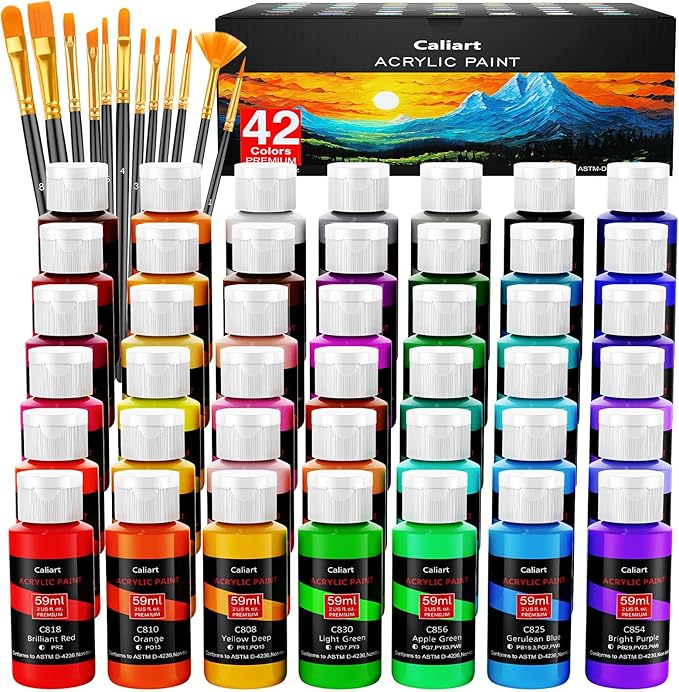 Caliart Acrylic Paint Set with 12 Brushes, 42 Colors (59ml, 2oz) Art Craft Paints Gifts for Artists Kids Beginners & Painters, Halloween Pumpkin Canvas Ceramic Rock Painting Kit Art Supplies