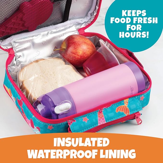 Kids Insulated Lunch Box w Snack Pocket & Expandable Water Bottle Holder For Girls- Waterproof Lunchbox Tote Keeps Food Hotter or Colder Longer - Reusable Back to School Bag Fits Most Bento Containers