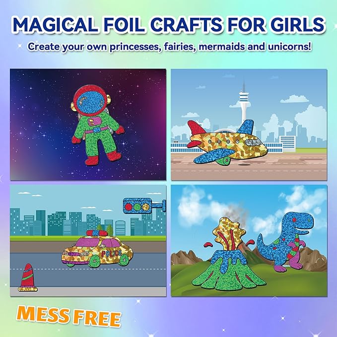 ATFUNSHOP Magical Foil Art Space Dinosaur Traffic Construction & Airplane - No Mess Foil Craft Kit for Kids Ages 4 5 6 7 8 9 Fun Creative DIY Activity, Ideal Birthday Gift for Boy