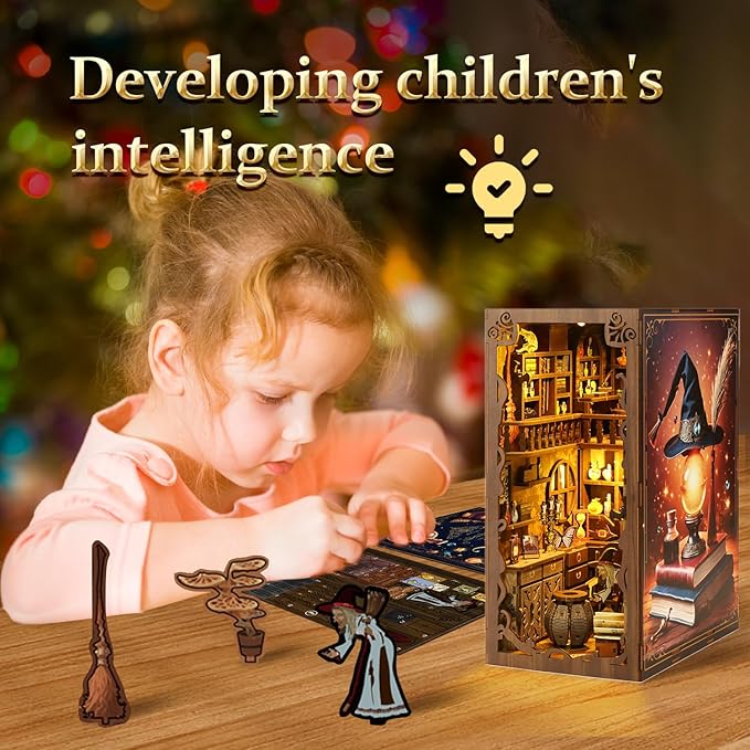 Book Nook Kit for Adult - THRIVINGIVAN Miniature Model Build Dollhouse Kit 3D Wooden Puzzle with Sensor Led Light for Bookshelf Bookend Insert Decor Adults Teen Crafts(Magic Bookstore)