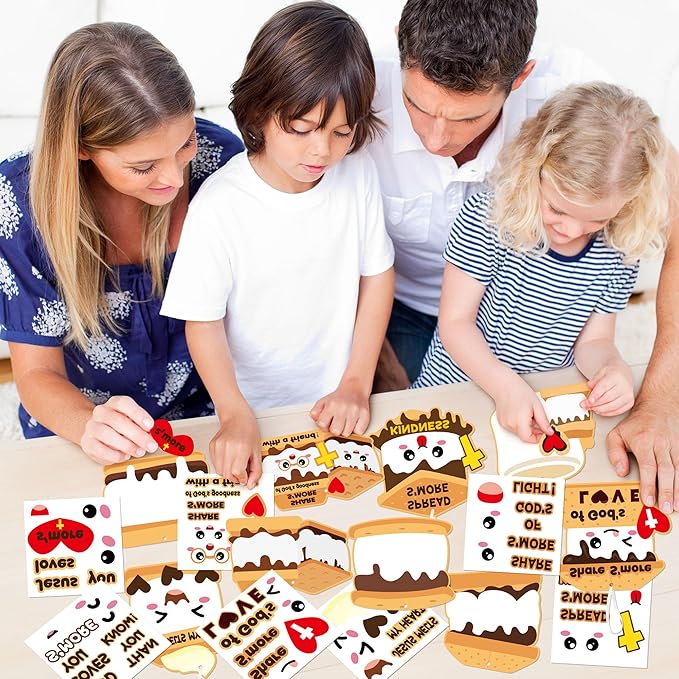 ANGOLIO Marshmallow Religious Ornament Craft Kit - 123Pcs Jesus Loves You S'More DIY Paper Craft Kit Make Your Own Marshmallow Hanging Ornament with Sticker for Kids VBS Sunday School DIY Art Activity
