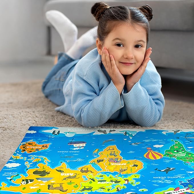 3 Pack Large Floor Puzzles for Kids Ages 3-5– Extra Thick 48 Piece Puzzles for Toddler Ages 4-8 Jumbo Jigsaw Set - Solar System, World Map, USA Map, 3 in 1 Educational Puzzle Preschool, Children