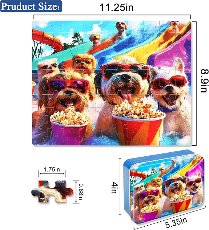 LELEMON Funny Puppy Puzzles for Kids Ages 4-8,100 Pieces Fun at The Amusement Park Dog Jigsaw Puzzles in a Metal Box,Fun Animal Pet Learning Educational Toys for Boys Girls