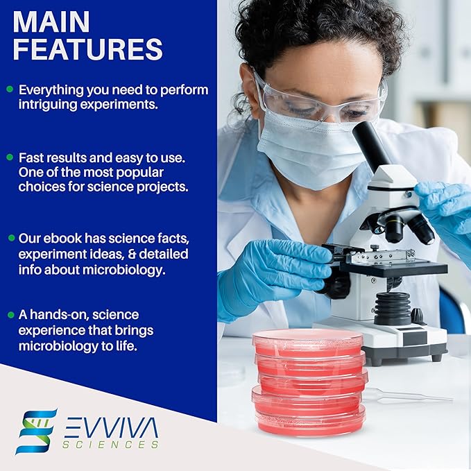 Evviva Sciences Nutrient Agar Petri Dishes Science Project Kit, Pre-Poured Agar Plates for Science Experiments, with Experiment eBook (RED)