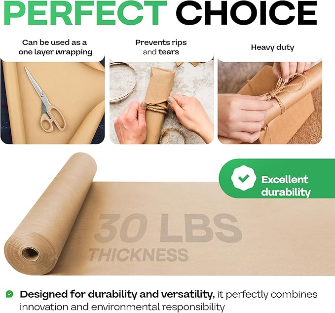 Brown Kraft Paper Roll 48" x 2160" (180 feet), Pack of 6 - USA-Made Brown Wrapping Paper 30lb Thickness for Packing, Moving, Shipping, Crafts/Arts - 100% Recycled Natural Material by IDL Packaging