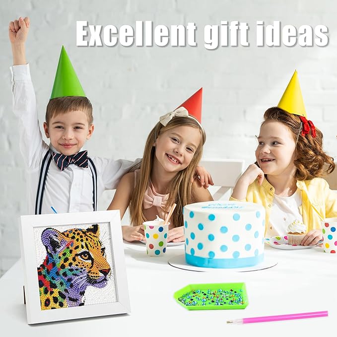 geesfayan Diamond Art Kits for Kids Ages 8-12,6 Inch DIY Gem Art Painting with 7 Inch Frame, Complete Starter Kit for Beginners, Creative Arts & Crafts Gift for Girls & Boys (Colorful Leopard)