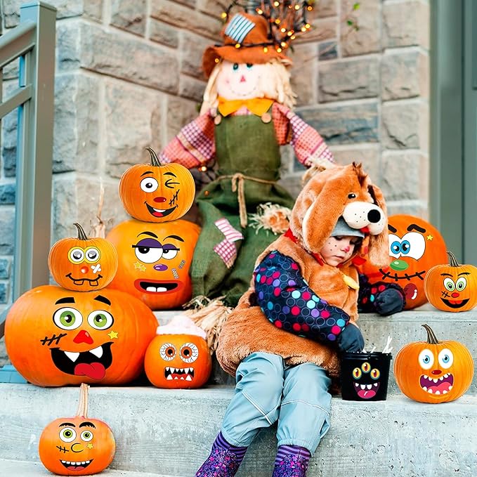 BainGsek 26 Pack Halloween Decoration Stickers, 56 Fun and Classic Pumpkin Face Stickers, Pumpkin Painting Craft Kit, Halloween Party Gift to Kids Decorations to Make Jack O Lantern Face Decal