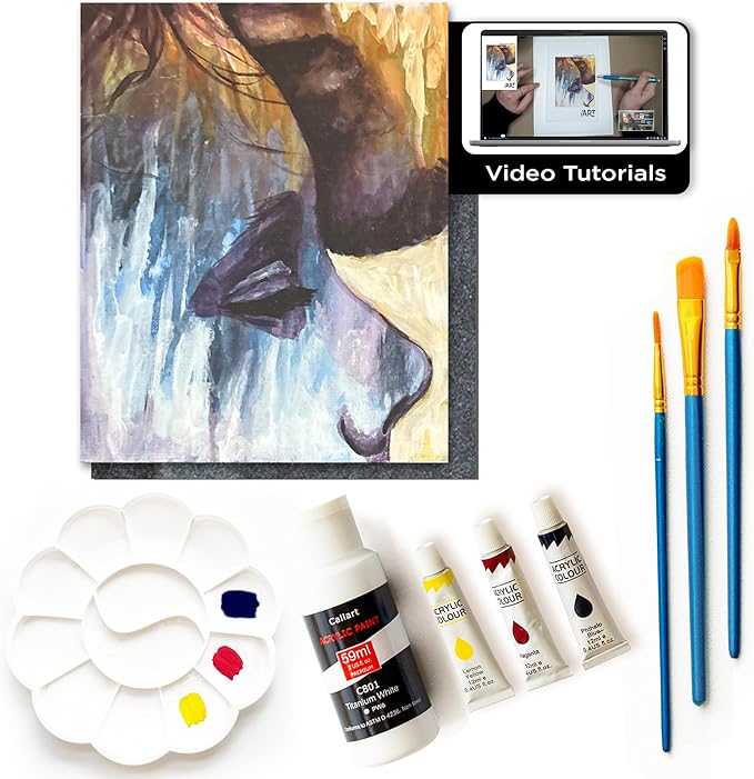 Painting4Real DIY Painting Class Kit for Adults with Video Tutorials: Learn to Paint Kissing in The Rain – How to Paint with Acrylics – Painting & Art Supplies – 9 Piece Acrylic Paint Set