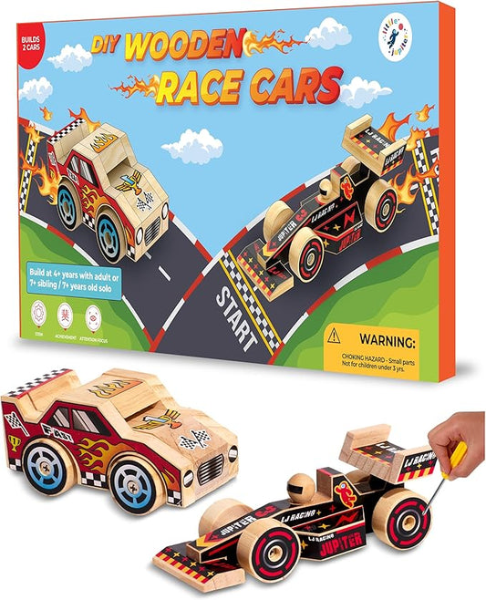Little Jupiter DIY Wooden Kits w/Stickers - Stem Building Toys - Wood Crafts - Woodworking Kits - Wood Building Kits for Ages 4-7 Yrs (Open & Closed Wheel Race Cars)