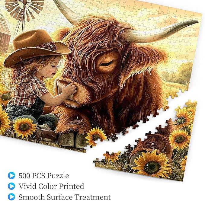 Cute Girl Highland Cattle Jigsaw Puzzle 500 Piece, Sunflower Jigsaw Puzzles,Flowers Puzzle Nature Animal Flower Painting Jigsaw Puzzles 500 Piece,Birthday Gifts for Adults and Family Game