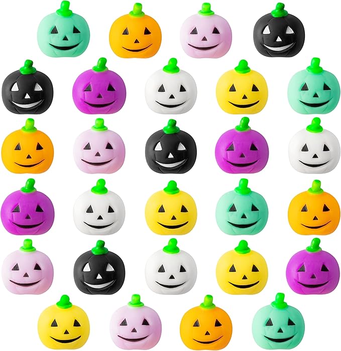 WATINC 28pcs Halloween Pumpkin Mochi Squeeze Toys for Kids, Happy Halloween Stress Relief Gifts Mochi Fidget Toys Treat Goodie Bags Fillers Classroom Prize Christmas Stocking Party Favors Decorations