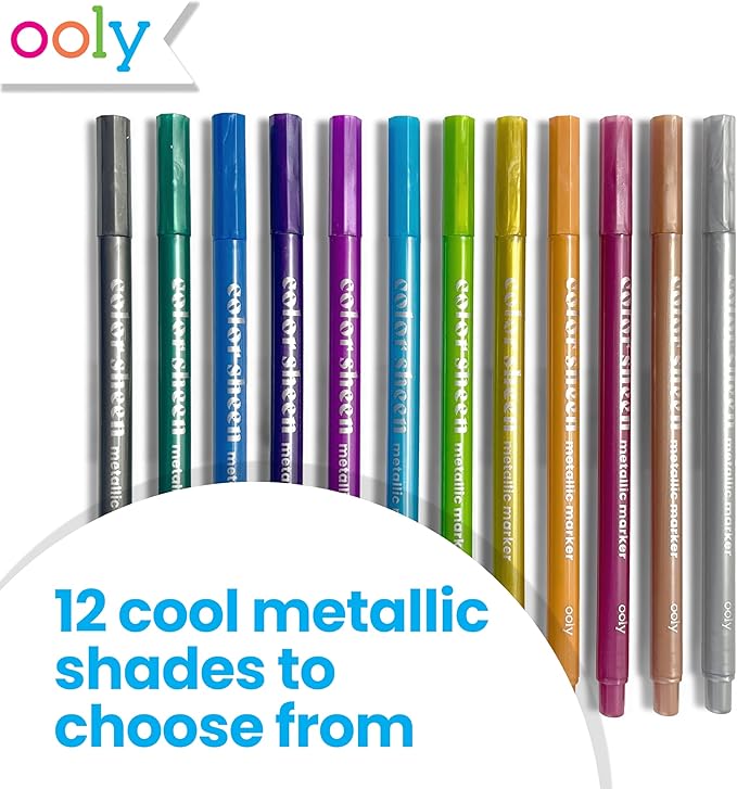 Ooly Metallic Colored Felt Tip Markers Set of 12, Unique Solid Colors for White or Black Paper, Drawing and Coloring Pens for Kids and Adults, Colorful School Supplies for Any Arts and Crafts