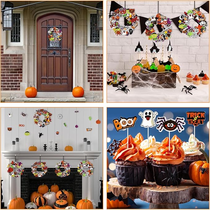 Openfly 12 Sets Halloween Wreath Craft Kit for Boys Girls, Halloween Wreath Sign Decorations Pumpkin Spider Bat Candy Stickers DIY for Home Classroom Party Decor