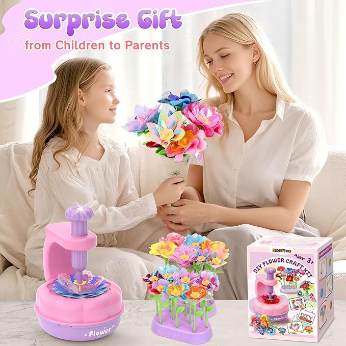 GirlsHome 300+PCS Fabric Flower Bouquets Toys, DIY Flower Crafts Kits for Kids, Arts and Crafts for Kids Ages 6-8 Girls, Build Flower Bouquet, STEM Educational Toy Preschool Gifts (Purple Pink)