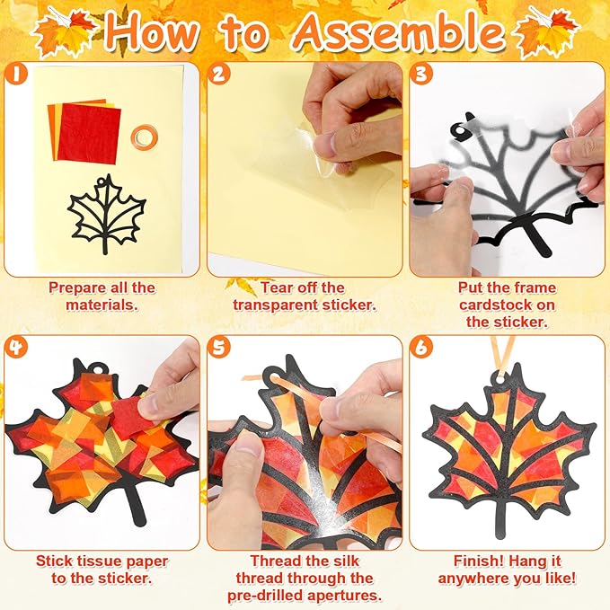 Qyeahkj 36 Set Fall Suncatchers Crafts for Kids DIY Autumn Leaf Pumpkin Acorn Squirrel Window Tissue Paper Craft Kit Hanging Decor for Classroom Home Activity Art Project Birthday Party Favor Gift