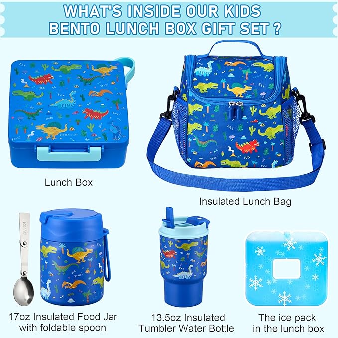 Bento Lunch Box for Kids with 17oz Soup Thermo,Insulated Tumbler Water Bottle and Insulated Lunch Bag,Leak-Proof 3 Compartment Lunch Food Container with with Ice Pack for Kids to School-Dinosaur