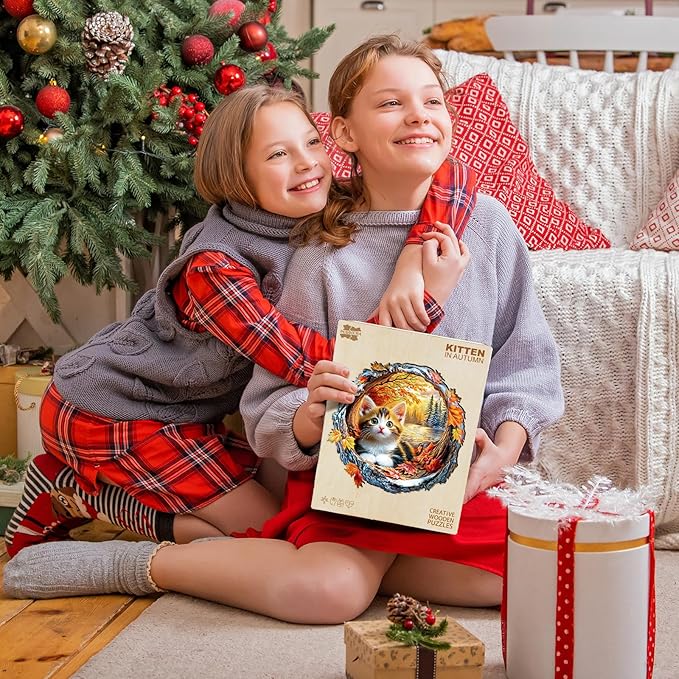 Wooden Puzzles for Adults - Kitten in Autumn Wooden Jigsaw Puzzle, Unique Animal Shaped Wood Puzzles Adult, Christmas Birthday Gifts for Friends/Family, Home Decor 13.4 * 13.2in 280pcs