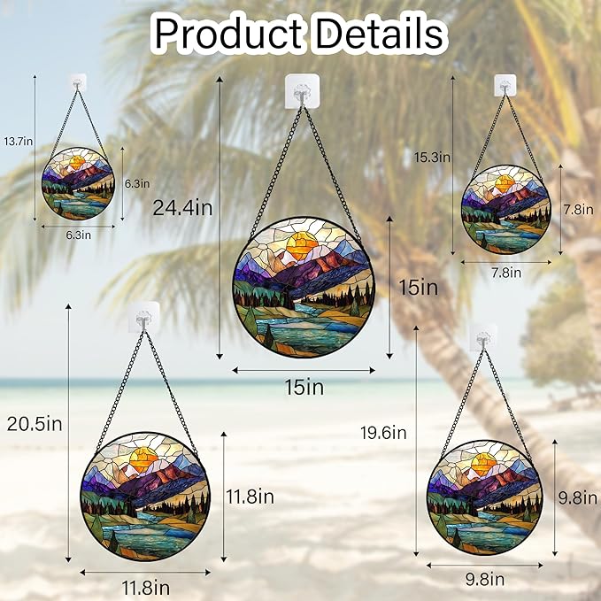 Stained Glass Window Hanging, Blue Lake Golden Sun Abstract Mountains Landscape Suncatcher for Doors Window Home Sun Catchers Decor Mother's Day Birthday Gifts for Women Men Mom 11.8 in