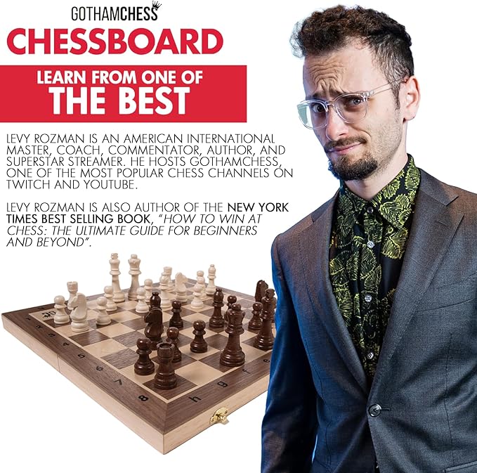 GothamChess Board | Foldable & Portable, Magnetic Chess Pieces, Organized Fitted Storage, Includes Course by International Master Levy Rozman, Game for Kids, Teens, Families & Adults | 15.75" x 15.75"