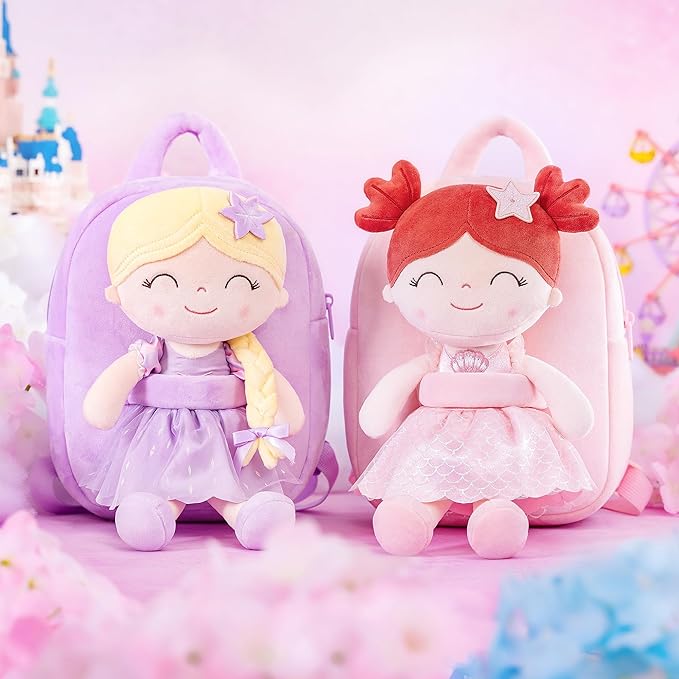 Gloveleya Back to School Gifts for Girls Toddler Backpack for Girls Kids Backpacks Soft Girl Toys Plush Baby Girl Gifts with Plush Princess Mermaid Qearl Doll Red 9"