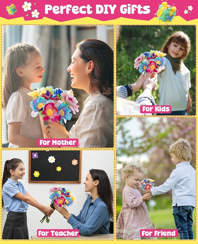 WKYCOE Fabric Flower Bouquets Craft Kit, DIY Arts and Crafts for Kids 4 5 6 7 8 9 Year Toddler Girl - Flowers Market Toy Educational Activity and Birthday Gift Toys Gifts Ideas for Boys Girls