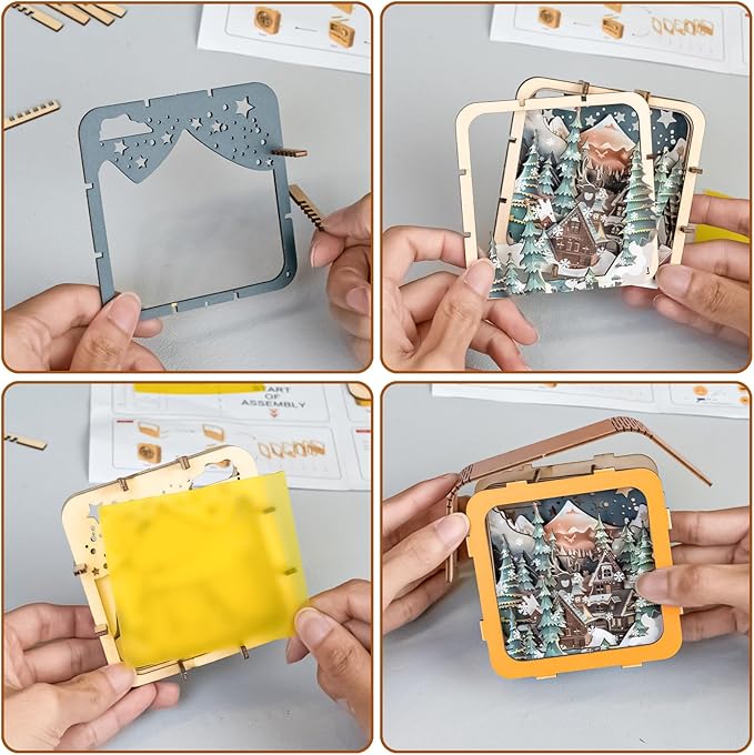 3D Puzzle Nightlight-DIY LED Light Wooden Puzzle-Art Lamp and Craft Kits for Kids and Adults-Birthday Gifts Toys-Home Desk Decor Family Game (Christmas Eve)