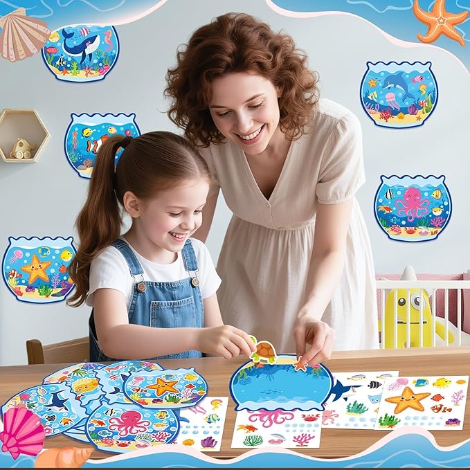 JUNEBRUSHS 30 Sets Summer Ocean Crafts Kits for Kids, Under The Sea Animals Worlds Stickers Scene for Home Classroom Game Activities Summer Crafts Party Favors