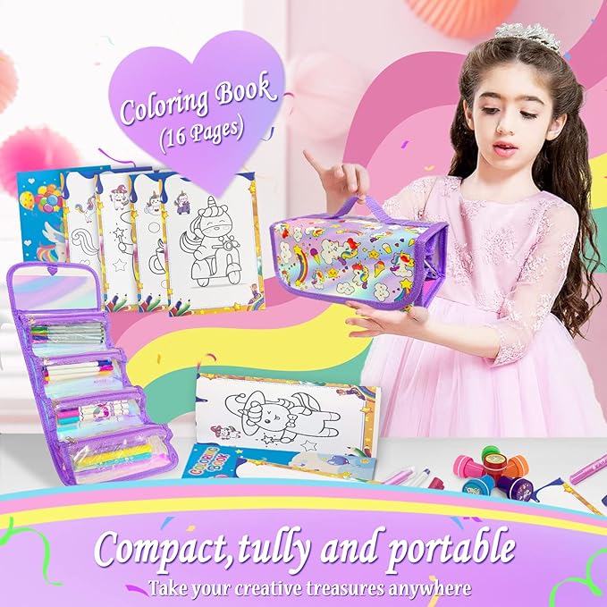 weirtoya 56 PCS Washable Scented Markers Set with Glitter Pencil Case, Mermaid Unicorn Arts and Crafts for kids 4-6-8 Kids Coloring Drawing Kits for 4-8 Years Old Girls Birthday Gifts