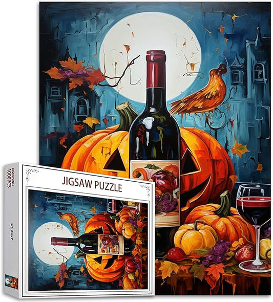 Landscape 1000 Piece Jigsaw Puzzles for Adults Halloween Spooky Night Painting Jigsaw Puzzle Red Wine and Yellow Pumpkin 1000 Pieces Puzzles Game Home Wall Decor DIY Craft Full Moon Puzzle Art(Dark)