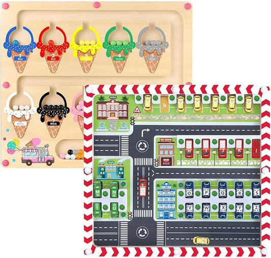 2 in 1 Magnetic Color and Number Maze,Alphabet Maze,Montessori Toy for 3-6 Years Old,Wooden Magnet Balls Puzzles,Toddler Busy Board Game,Preschool Learning Activities,Christmas & Birthday Gift for Kid