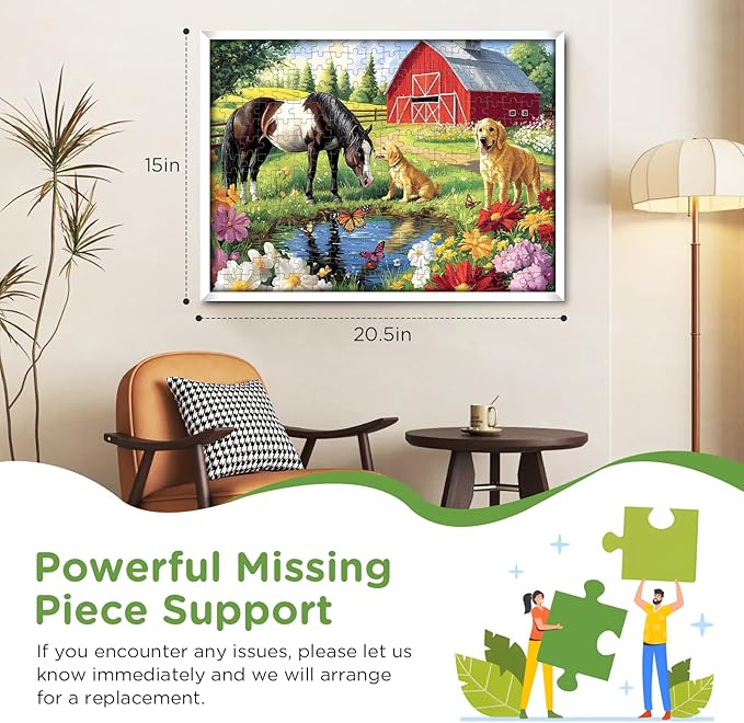 300 Piece Puzzle for Adults, Golden Retriever Horse on Farm Scenic Landscape Jigsaw Puzzle, Jigsaw Puzzles for Adult 300 Piece, Challenging Yet Relaxing 300 Pieces Puzzle Game for Kids Adults Seniors