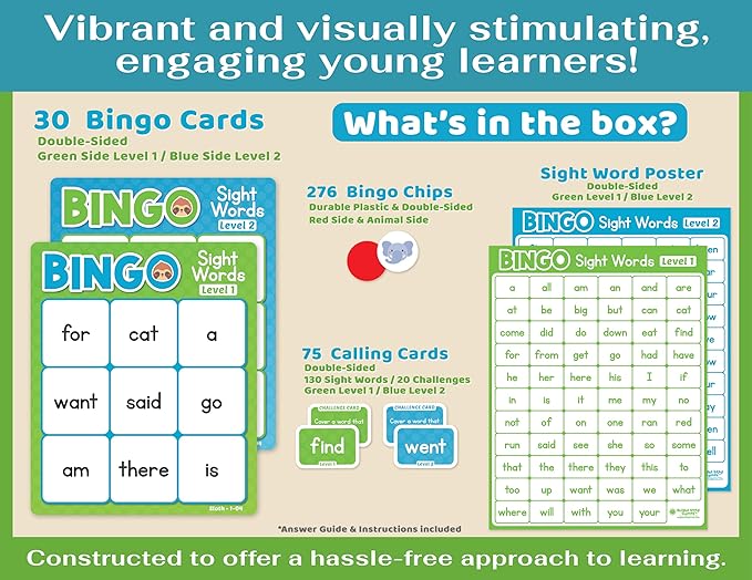 Sight Words Bingo Game for Kindergarten, Learn to Read Sight Word Cards, Word Games for Kids Ages 4-8, Bingo Sight Words Level 1&2