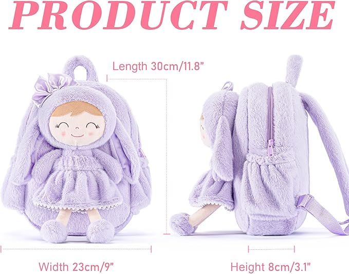 Gloveleya Back to School Gifts for Girls Bunny Toddler Backpack Plush Bag Baby Gift for Girl 2+ Years Old with Detachable Purple Rabbit Doll 11 Inches