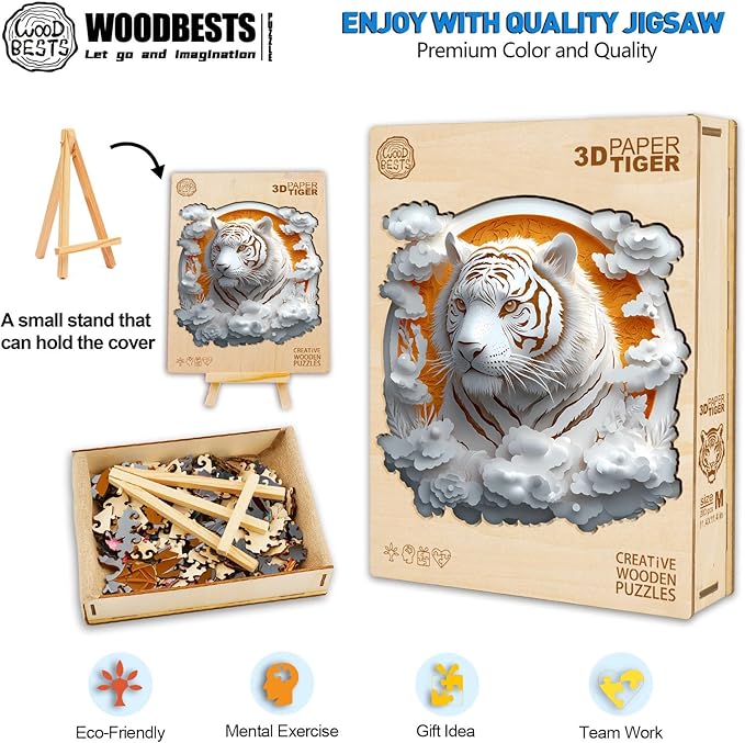 WOODBESTS Wooden Puzzles for Adults, 3D Paper Tiger Wood Puzzles Adult(100 Pieces, S, 8.5 * 8.5in), Unique Shape Wooden Animal Jigsaw Puzzles, Birthday Gifts for Adults Family Game