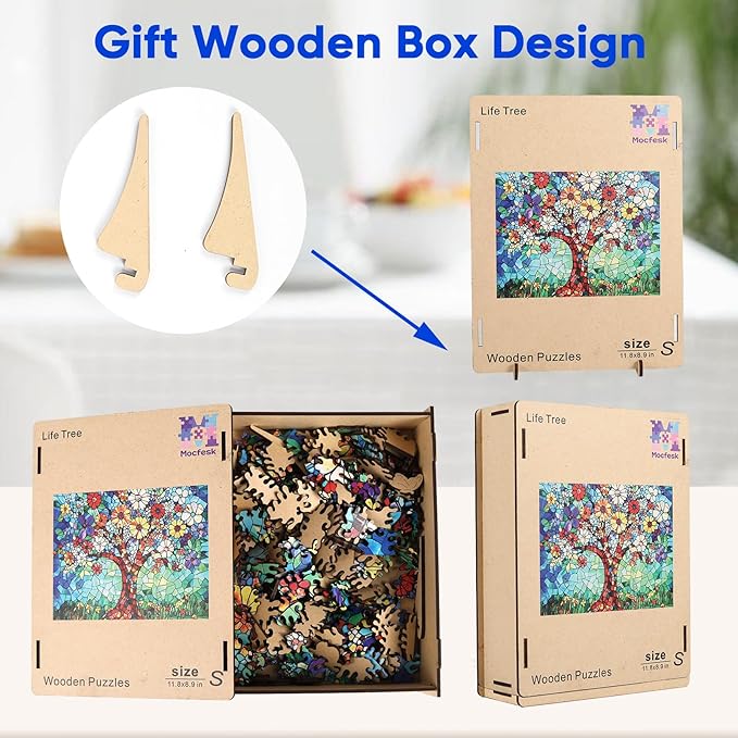 Wooden Puzzles for Adults, Life Tree Puzzles 200 Pieces, Unique Shaped Stained Glass Jigsaw Puzzles for Adults and Kids, Birthday Gifts Fun Family Game 11.8'' x 8.9''