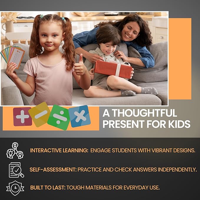 Math Flash Cards for Kids (Grades 1-3) | Addition, Subtraction, Multiplication & Division | 4-Pack Set with Rings & Markers | Educational Fun & Learning Game