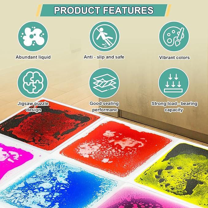 Liquid Sensory Tiles Floor Pads - 9 PCS Square Sensory Floor Mats for Kids Over Three Years Old