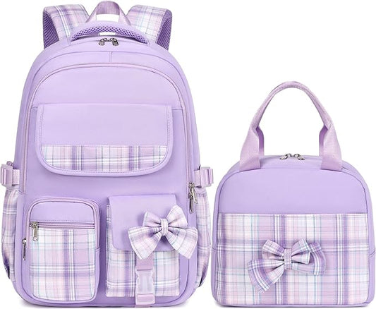 JIANYA Girls Backpack for School Kids Backpack with Lunch Box Elementary School Backpack for Girls, Bow/Purple