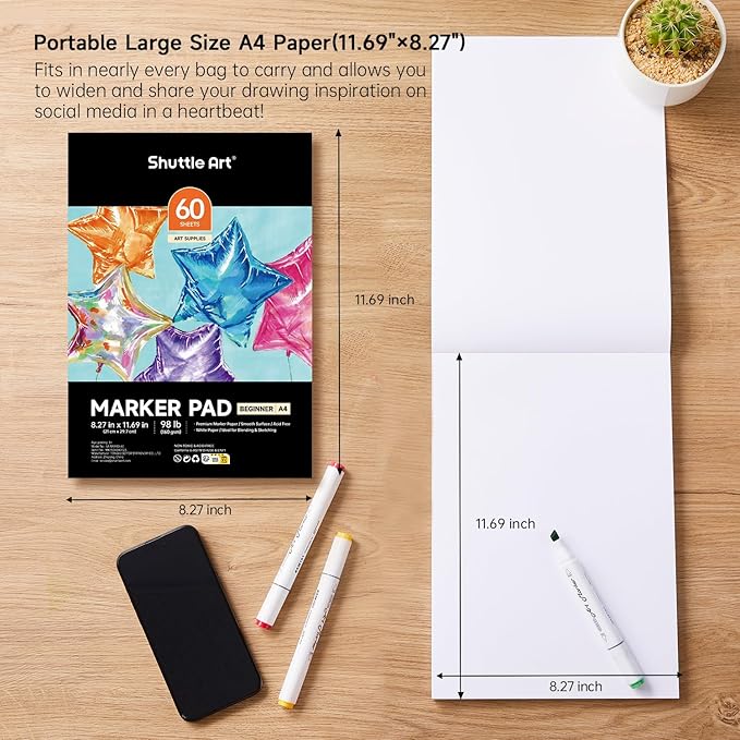 Shuttle Art Marker Pad,11.69”x8.27” Portable A4 Sketchbook, 60 Sheets Drawing Paper, 98LB/160GSM Smooth Surface Bleedproof Art Paper, Glue-Bound, Great for Beginners to Draw, Paint & Sketch