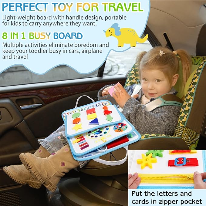 Esjay Toddler Busy Board Montessori Toys for Boys Girls, Sensory Board Educational Activities for Learning Fine Motor Skills, Birthday Gifts for Toddlers, Travel Toys for Airplane Car, White Dinosaur