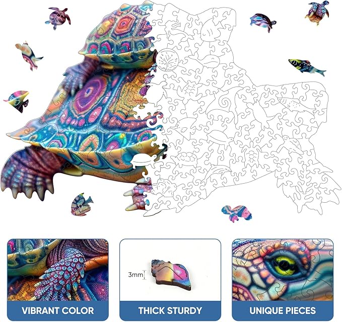 Wooden Jigsaw Puzzle, 200 Pcs Unique 3D Shape Jigsaw Puzzles, Wood Puzzle Gift Box Packing, Medium Size Letter, Creative Gift for Adults and Kids, Fun Challenging (200PCS, Turtle)