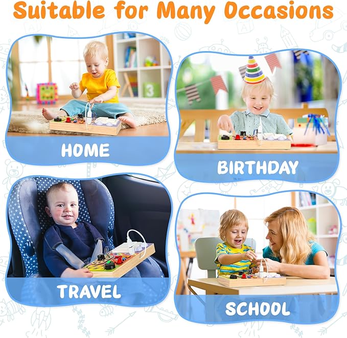 Busy Board Montessori Toys Wooden Sensory Board with 19 LED Light, Switch, Button Travel Activity Educational Learning Toddler Toys for 1-3 Year Old Boy and Girl
