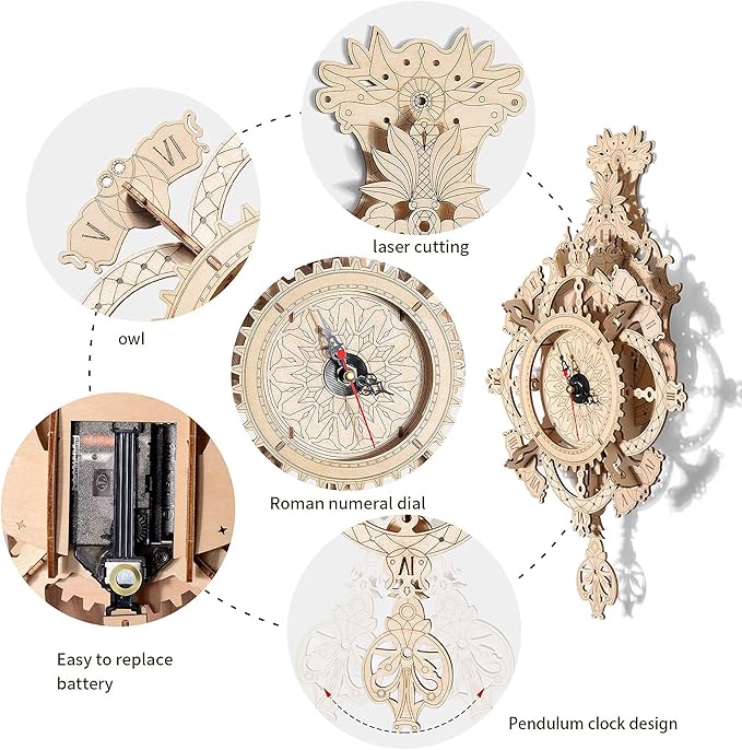 3D Wooden Puzzle Clock Kit DIY Mechanical Wall Clock Hanging Pendulum Gift for Adults & Teens