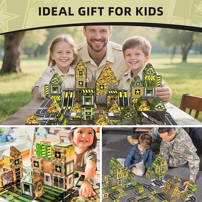 GobiDex Magnetic Tiles Army Toys, STEM Military Magnetic Building Blocks for Toddler Kids Ages 3-5 4-8, Sensory Magnet Construction Toys Birthday Gifts for 3+ Year Old Boys & Girls Army Men Playset