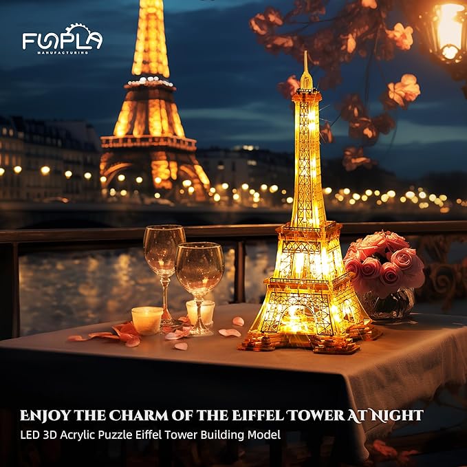LED 3D Puzzle Eiffel Tower Building Model - 3D Architecture Building Model - Landmark of Paris at Night - 3D Acrylic Puzzle Décor Lamp DIY Ornament Nightlight(Standard,Gold)